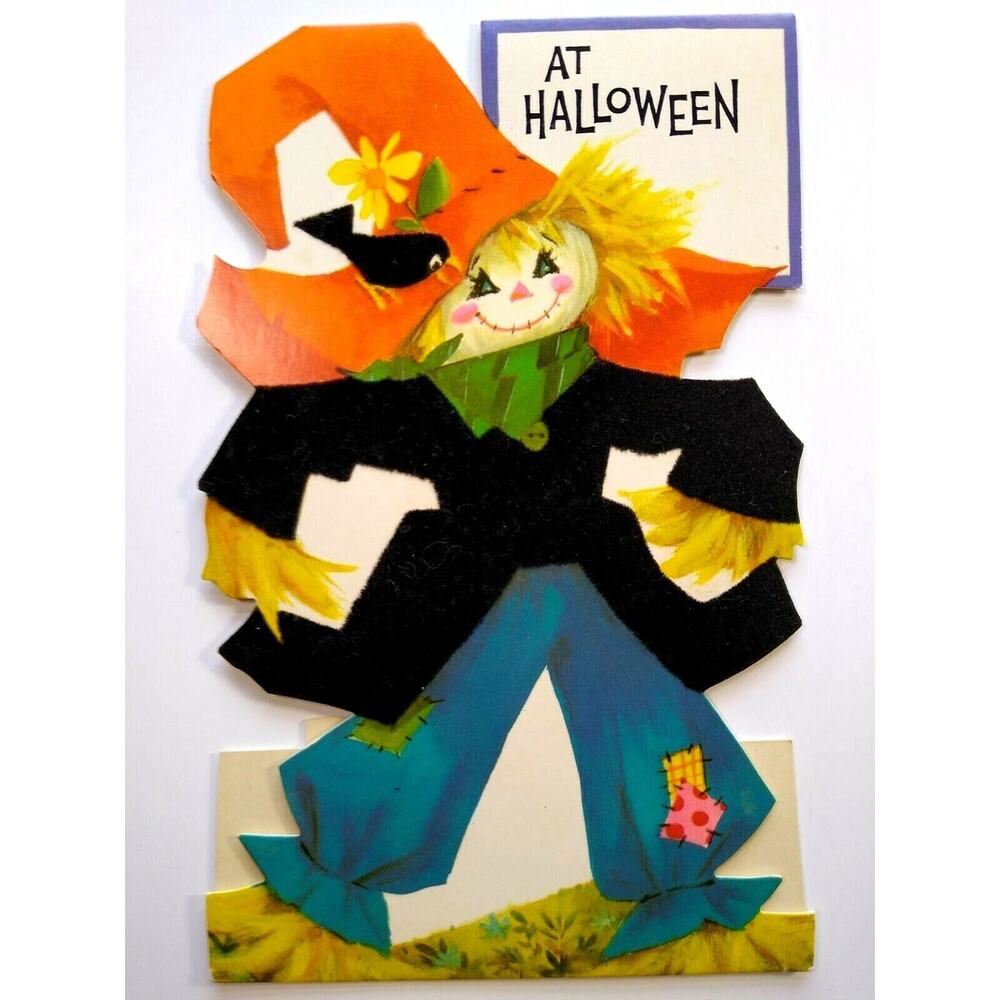 Vintage Halloween Greeting Card Flocked Diecut Standup Scarecrow & Black Bird